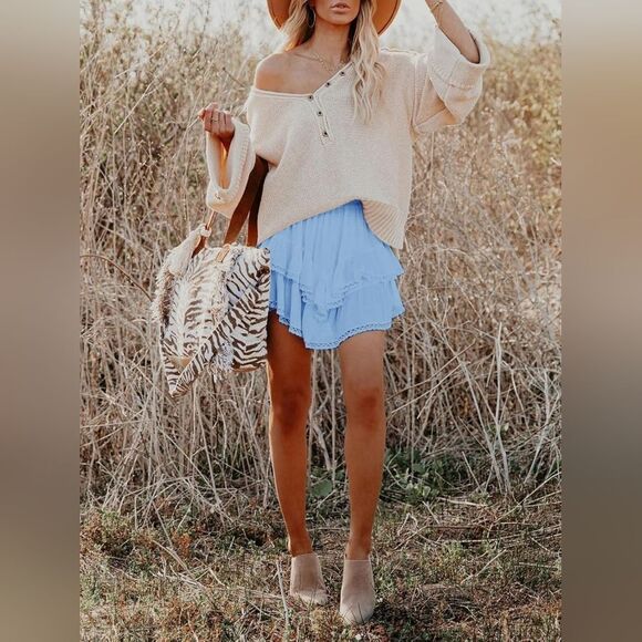 Light Blue Cowgirl Style Lace Trim Ruffled Skirt - Picture 1 of 4